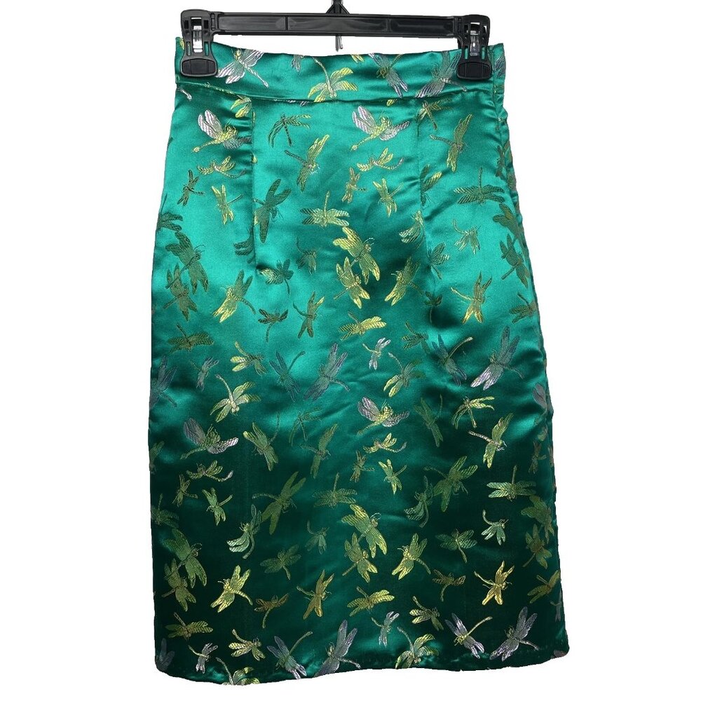Shabby Apple Pencil Skirt Size 0/2 Emerald Green Satin Dragonfly High Waisted